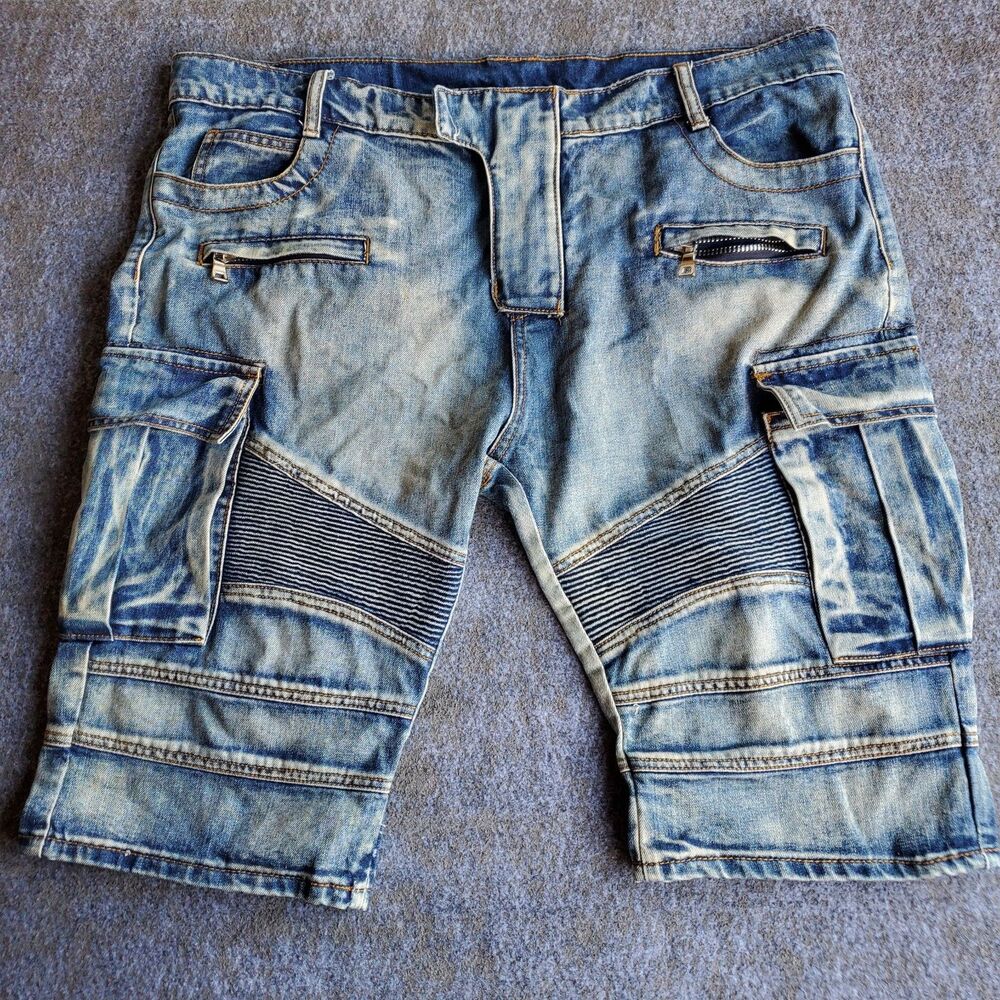Balmain Paris Men’s 40 Moto Cargo Denim Jean Shorts Y2K Made in Italy